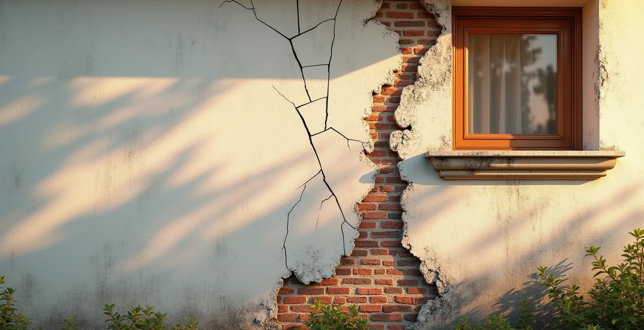 Vue rapprochée d'une façade de maison montrant l'évolution progressive des fissures structurelles