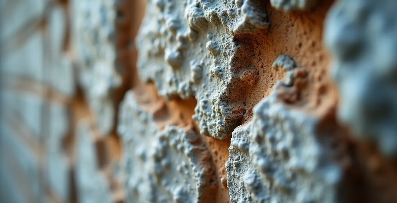 Détail macro d'un mur en pierre montrant les traces de remontées capillaires et efflorescence de salpêtre