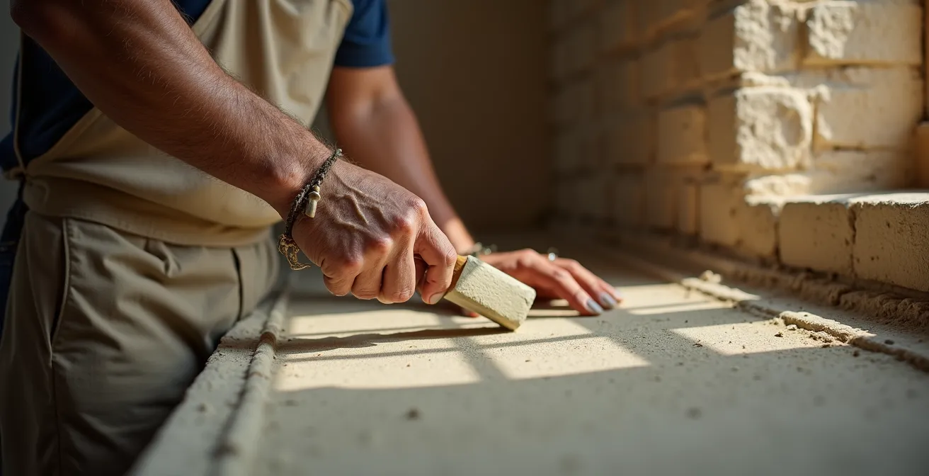 Maçon appliquant un enduit à la chaux selon la méthode traditionnelle sur un mur en pierre