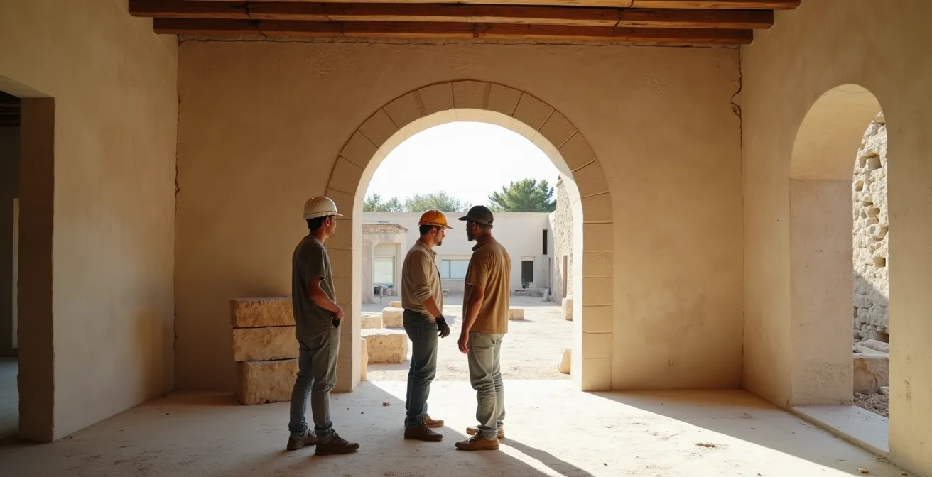 Vue d'ensemble d'une réunion de chantier dans un mas en rénovation avec différents corps de métier