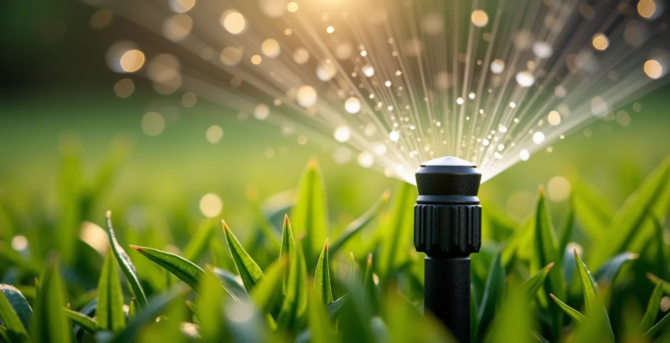 Détail macro d'un système d'arrosage automatique intégré dans un jardin