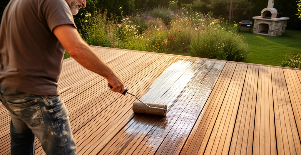 Entretien terrasse bois application saturateur au rouleau