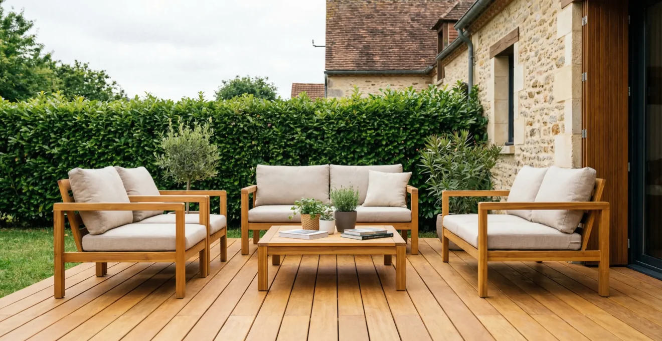 Terrasse bois durable dans jardin résidentiel région Cholet