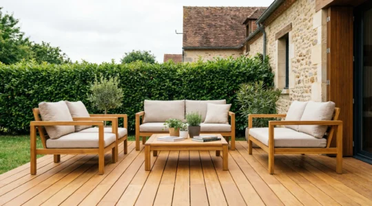 Terrasse bois durable dans jardin résidentiel région Cholet