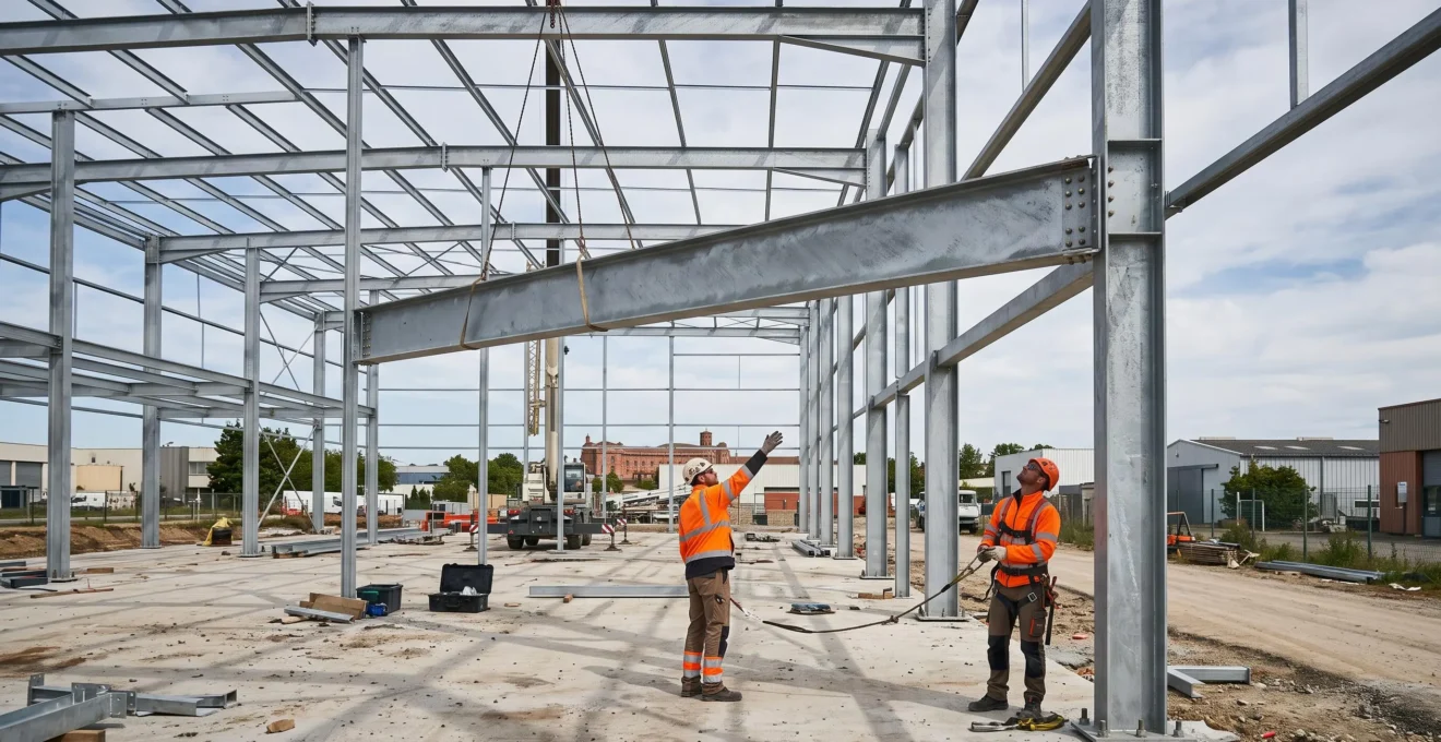 Montage d'une structure métallique industrielle sur chantier avec ouvriers guidant une poutre levée par grue