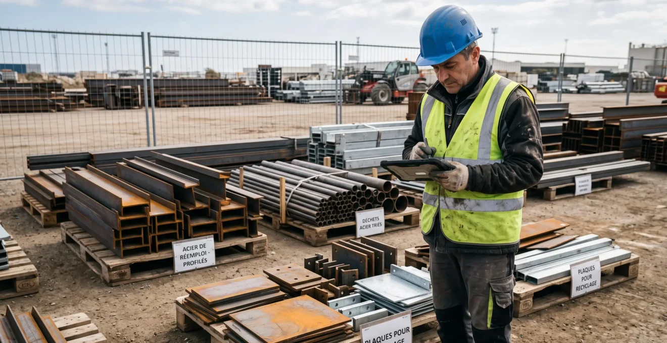 Travailleur inspectant des éléments métalliques triés pour recyclage sur plateforme logistique de chantier