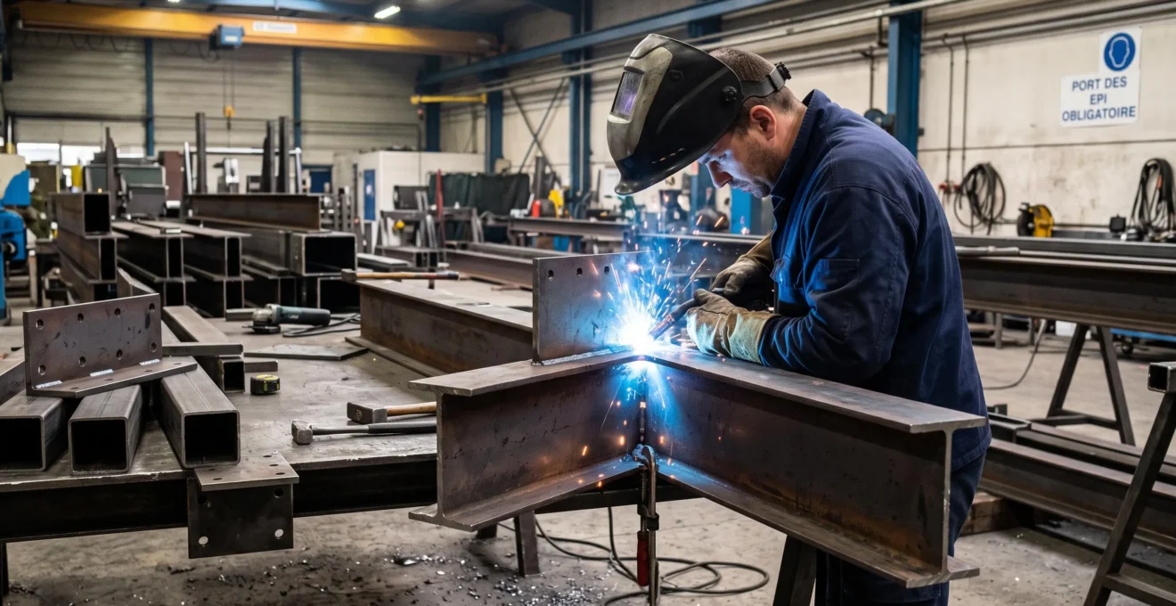 Soudeur réalisant une soudure sur des éléments de structure métallique préfabriqués en atelier