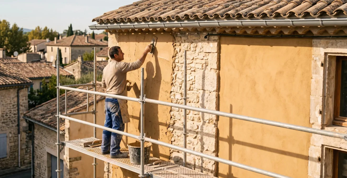 Maçon appliquant un enduit à la chaux ocre sur la façade d'un bâtiment provençal traditionnel depuis un échafaudage