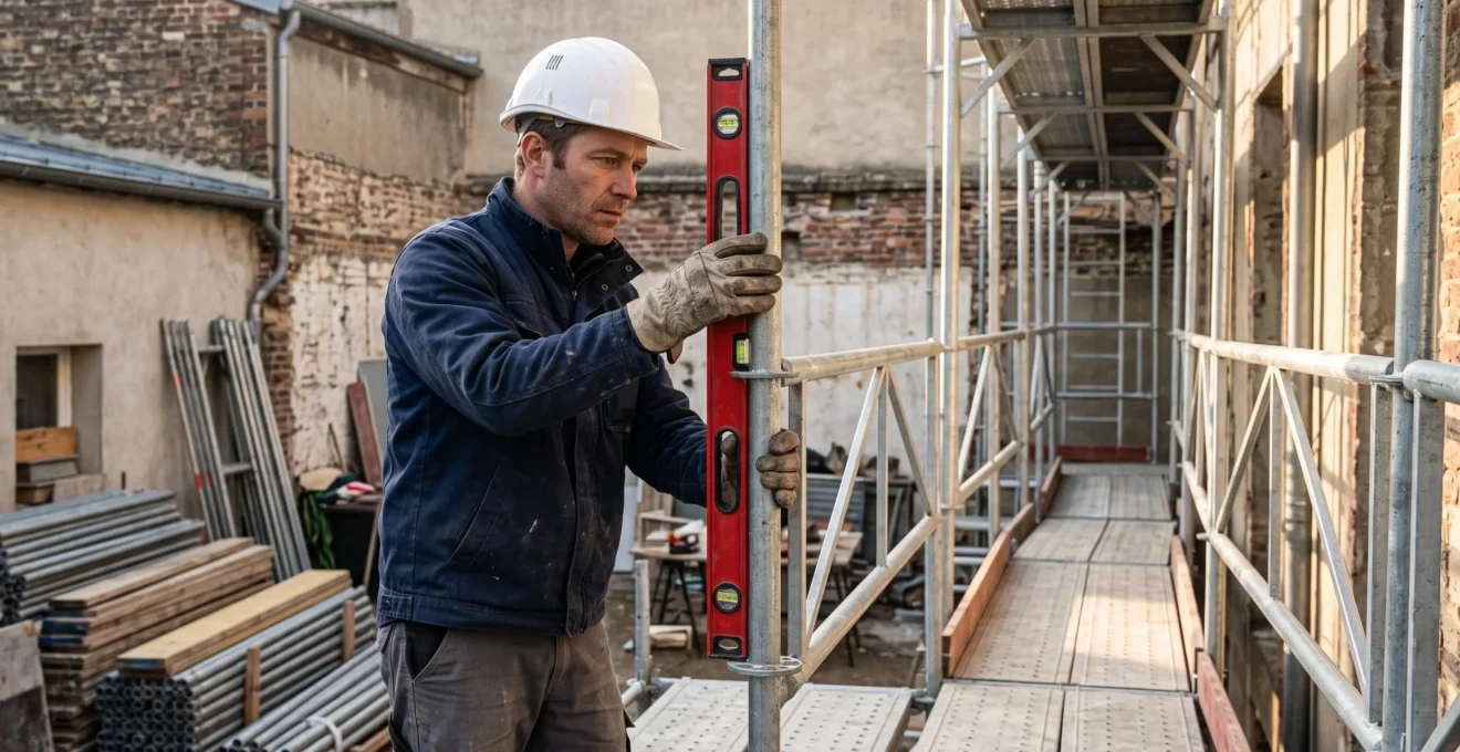 Un monteur vérifie au niveau à bulle la verticalité d'un montant d'échafaudage depuis la plateforme de travail.