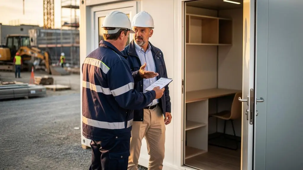 Un conducteur de travaux et un client échangent devant une cabine de chantier modulaire installée, un bloc-notes en main.
