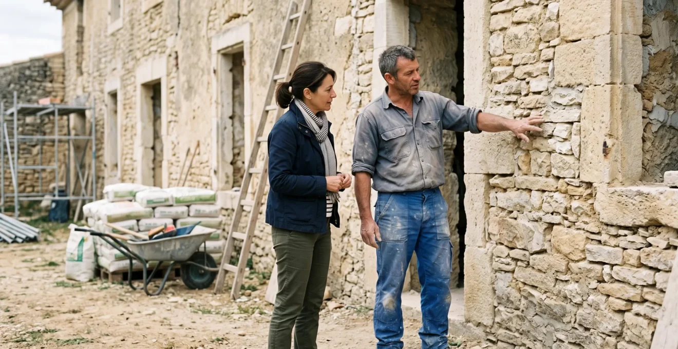 Maçon professionnel et client discutant des travaux de restauration devant une façade en pierre provençale sur le chantier