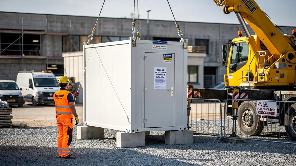 Un manœuvre guide à la corde une cabine sanitaire modulaire soulevée par une grue montée sur camion lors de son installation sur un chantier.