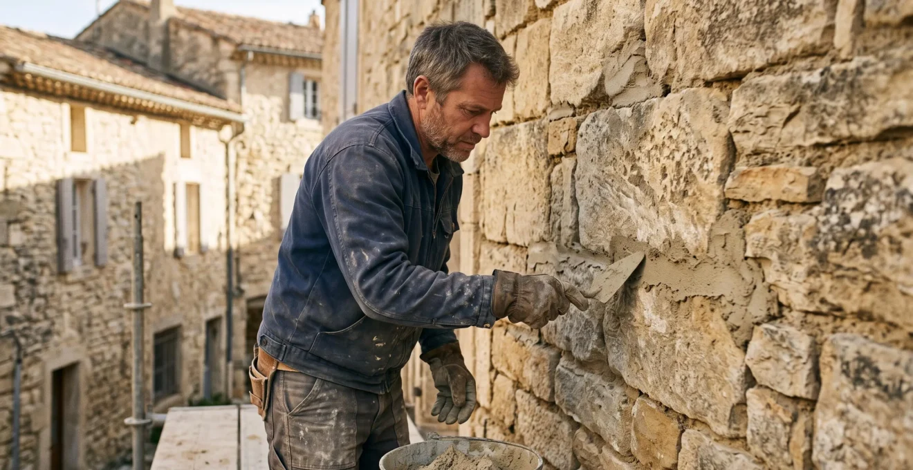 Maçon professionnel restaurant un mur en pierre traditionnelle provençale avec mortier à la chaux