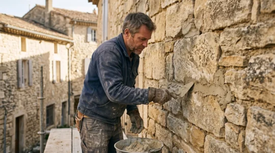 Maçon professionnel restaurant un mur en pierre traditionnelle provençale avec mortier à la chaux