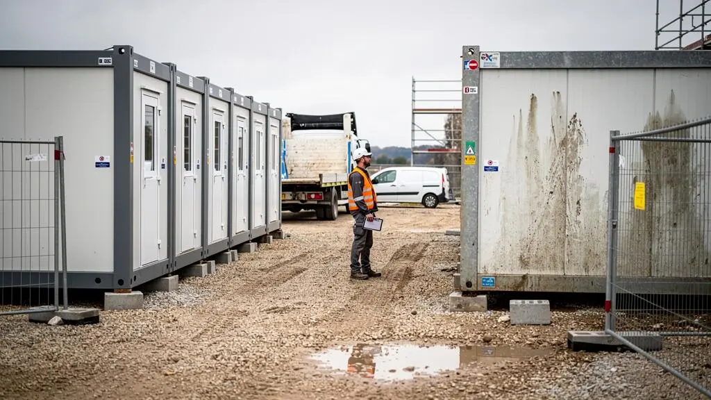Un responsable de chantier en gilet haute visibilité compare deux rangées de constructions modulaires installées sur une base vie de chantier en France.