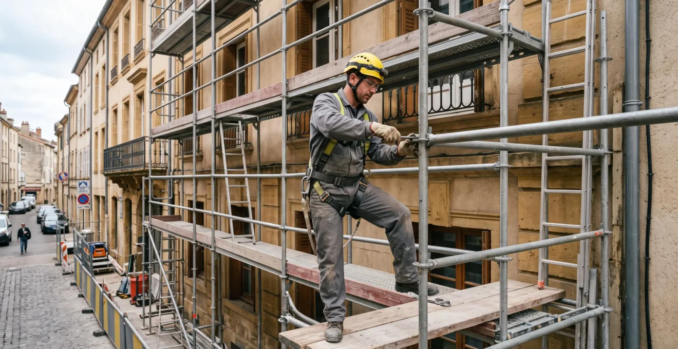 Un monteur échafaudage fixe un tube métallique sur la structure en cours d'installation contre la façade d'un immeuble en travaux en France.