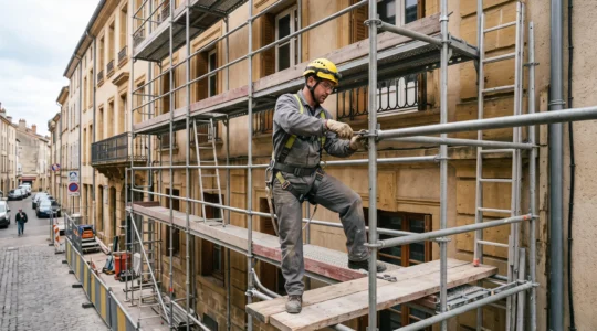 Un monteur échafaudage fixe un tube métallique sur la structure en cours d'installation contre la façade d'un immeuble en travaux en France.