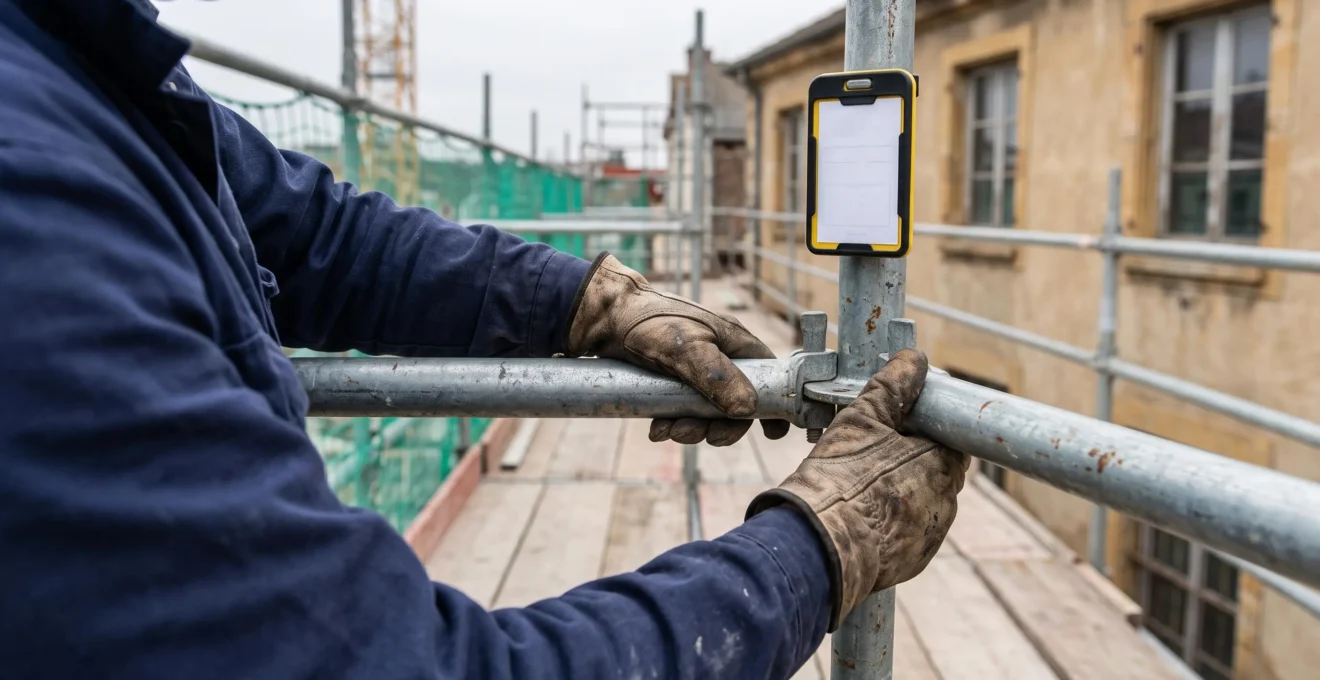 Gants de travail contrôlant la fixation d'une garde-corps d'échafaudage lors d'une vérification périodique.