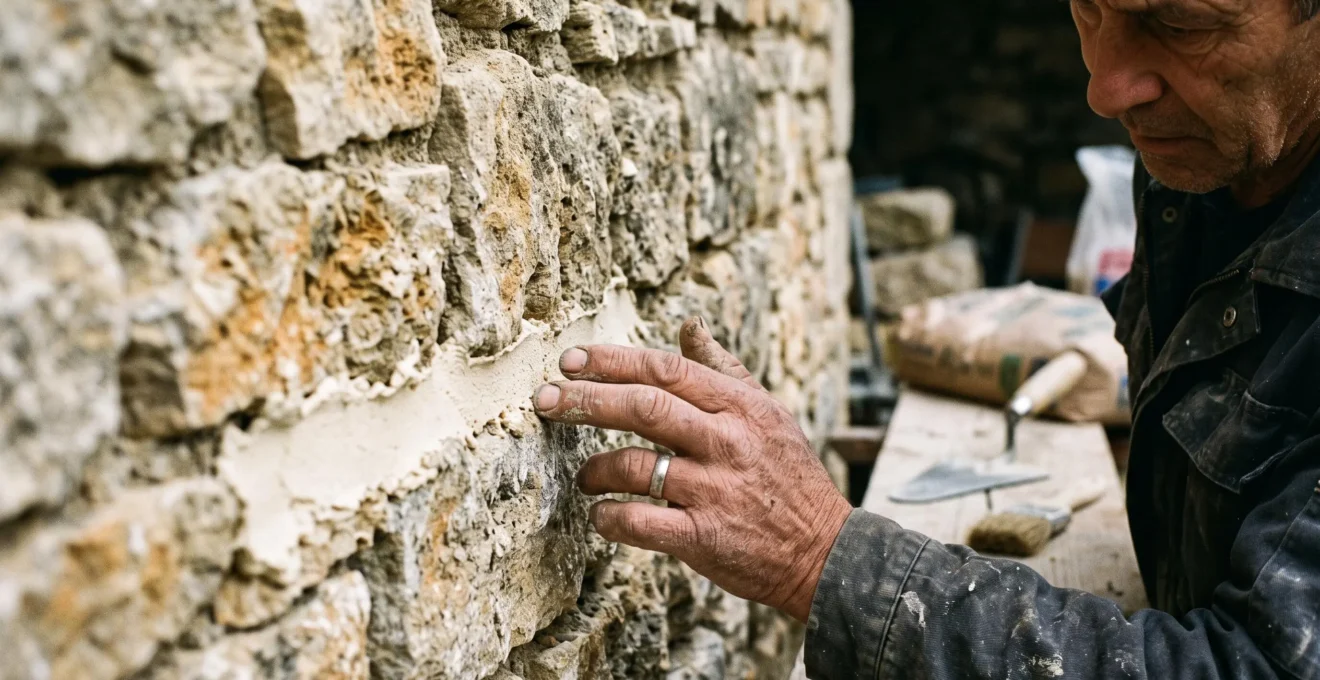Gros plan sur les mains d'un maçon vérifiant la qualité des joints de mortier à la chaux entre les pierres